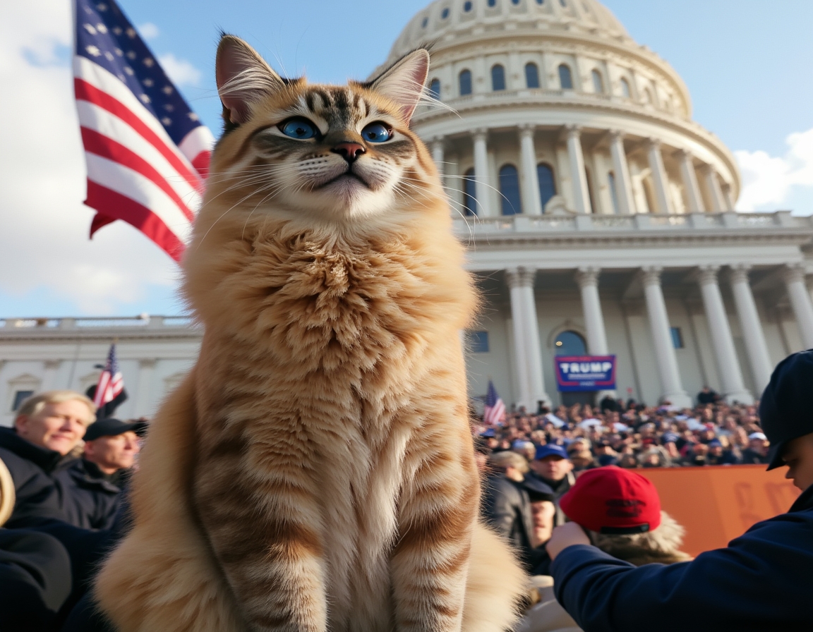 Cat on the Capitol steps during a historic inauguration, surrounded by flags and cheering crowds.